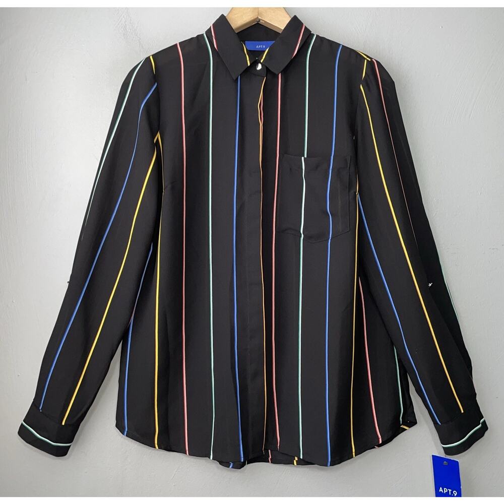 Apt 9 Blouse Size Small Black Rainbow Striped Semi Sheer Office Gothic Roll Tab